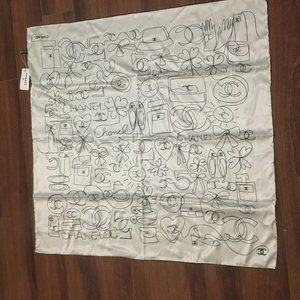 Chanel Black & White Doodle Square Silk Scarf (84 cm x 84 cm)